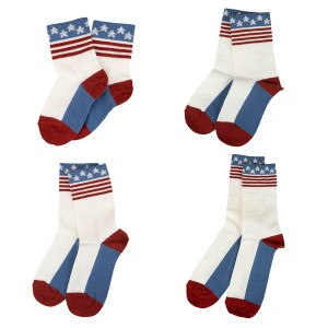 Patriotic crew socks in sizes ranging from toddler to adult with stars and stripes cuffs